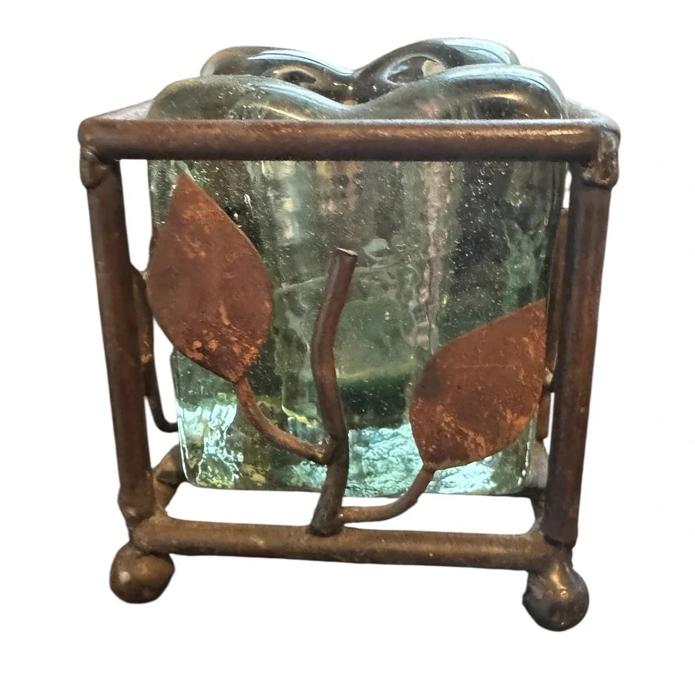 Mesa International Handcrafted Mexico Glass Wrought Iron Leaf Votive Holder
